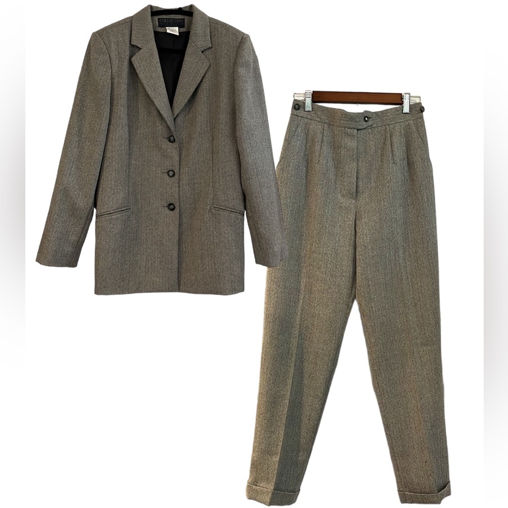 HARVE BENARD VINTAGE WOOL HERRINGBONE PATTERN PANTS SUIT BLACK WHITE SIZE 8P/12P